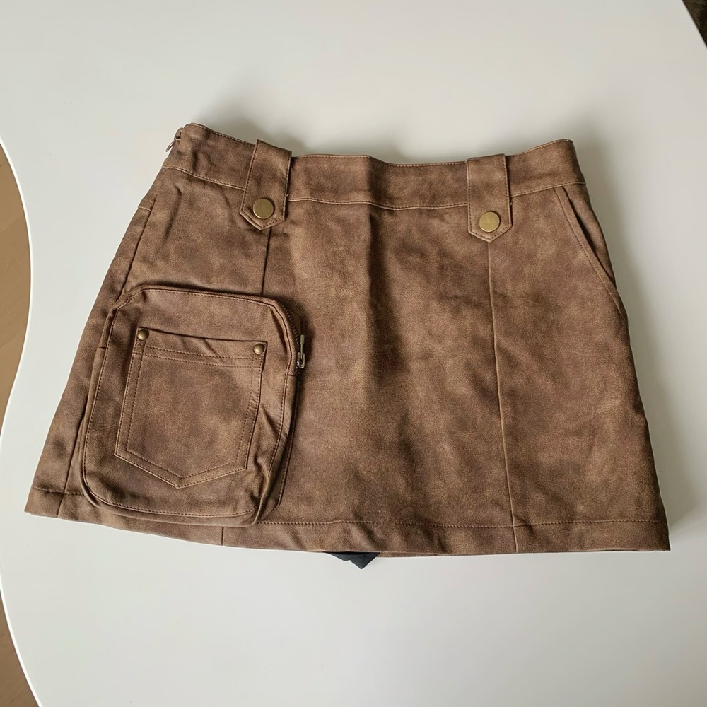 Washed Brown Faux Leather Mini Skort